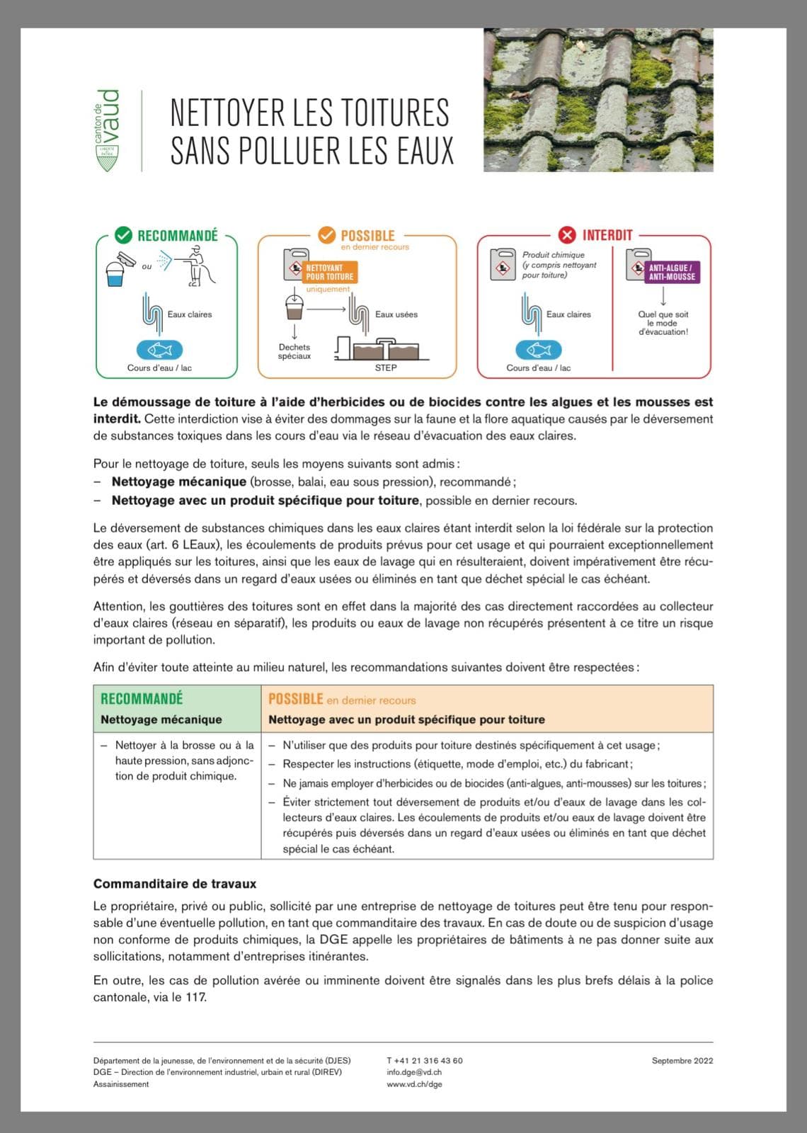 Guide officiel - Nettoyer les toitures sans polluer les eaux - Canton de Vaud